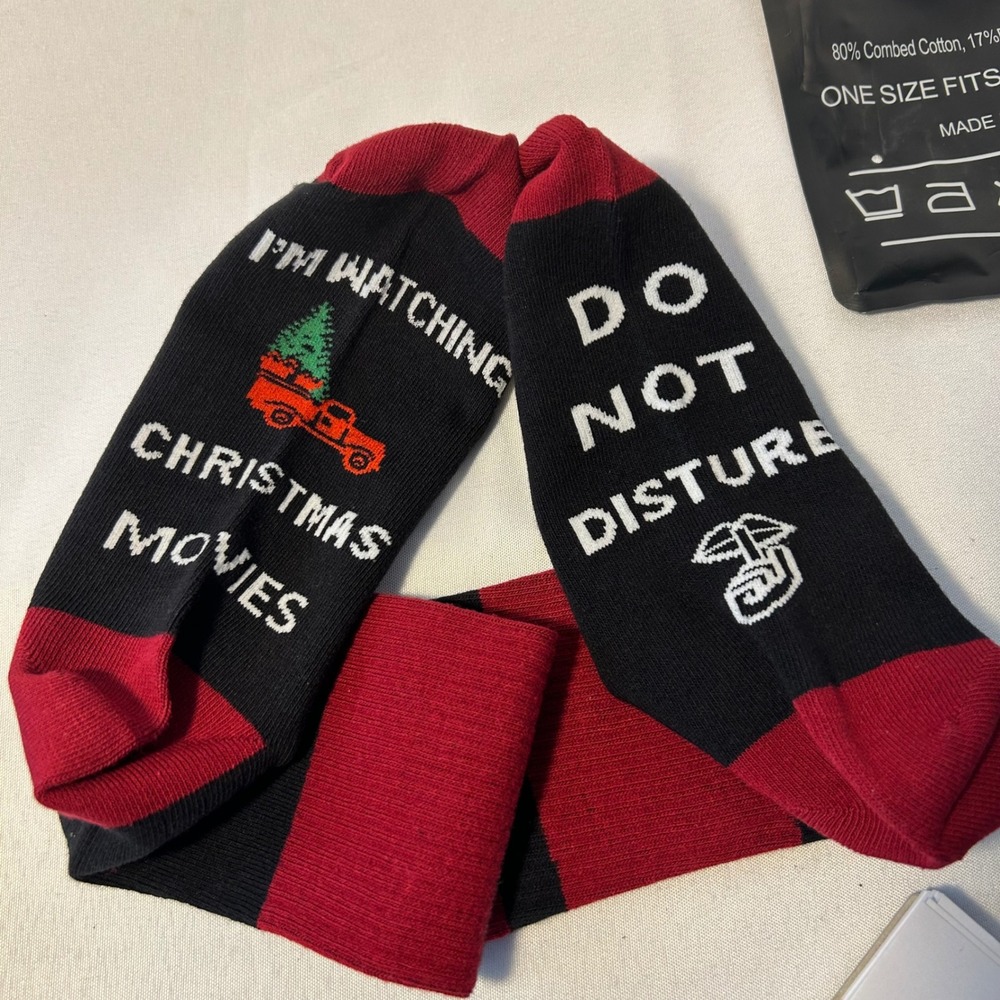 Funny Christmas Socks "Do Not Disturb I'm Watching Movies" Novelty Gift NEW - Picture 3 of 7